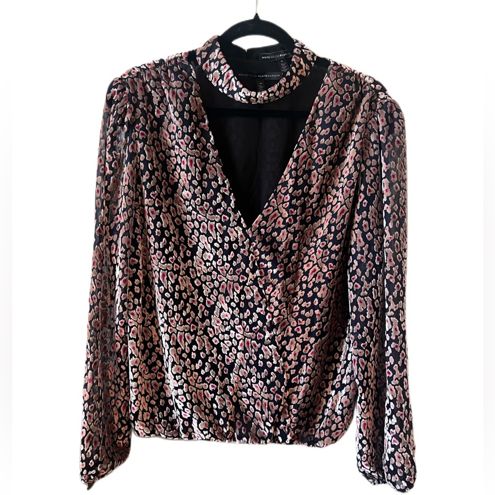 White House Black Market Floral Velvet Sheer Long Sleeve Blouse Size M